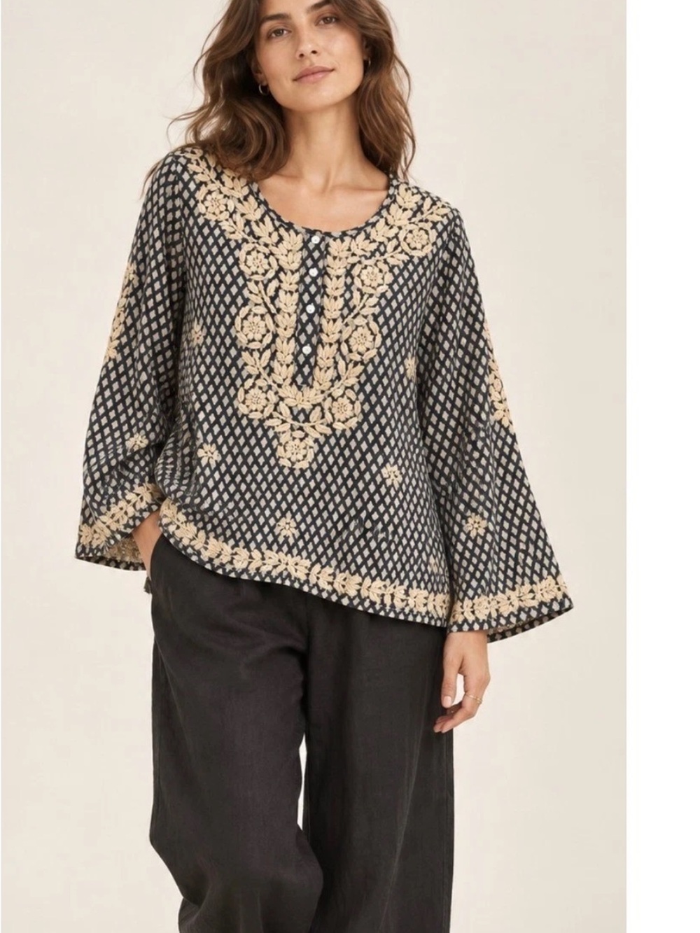 Maison Hotel Boho Embroidered Navy And white Tunic with Cream Floral Accents EUC